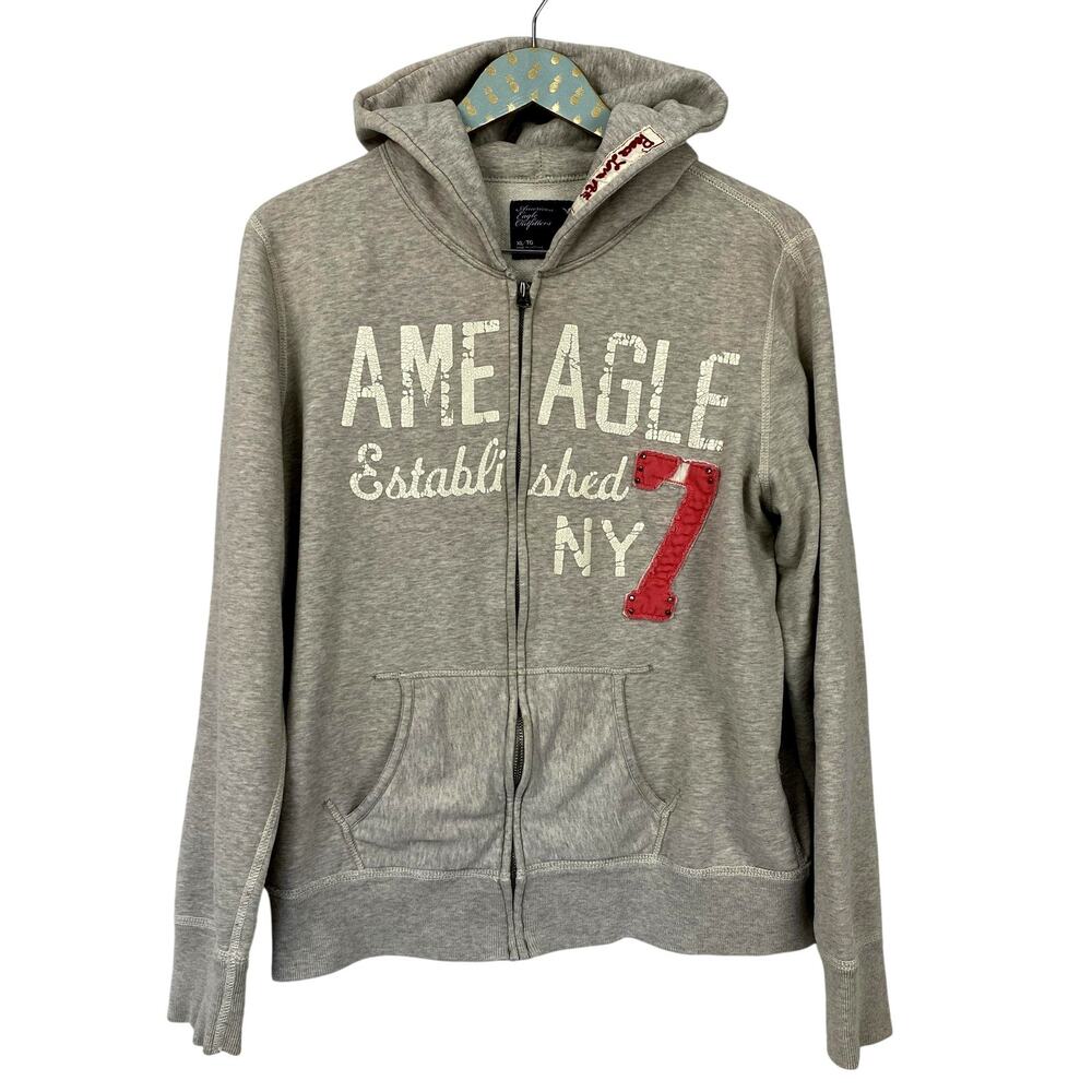 American Eagle Womens XL Hoodie Full Zip Gray Graphic Y2K Fleece Logo Y2K Grunge